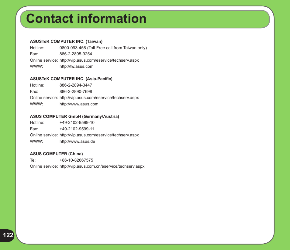 Contact information | Asus P526 User Manual | Page 122 / 122