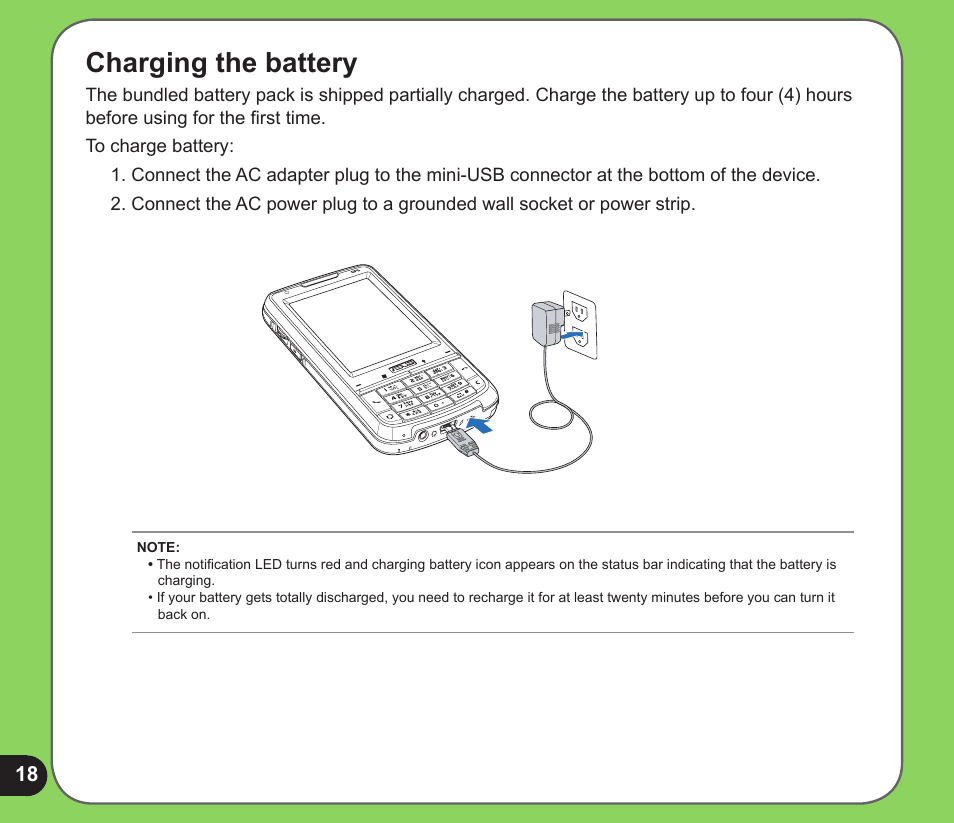 Charging the battery | Asus P526 User Manual | Page 18 / 122