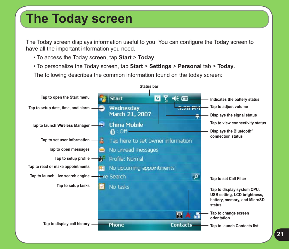 The today screen | Asus P526 User Manual | Page 21 / 122