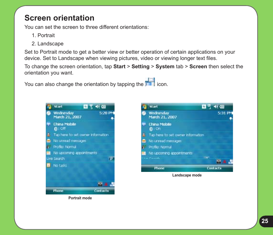 Screen orientation | Asus P526 User Manual | Page 25 / 122