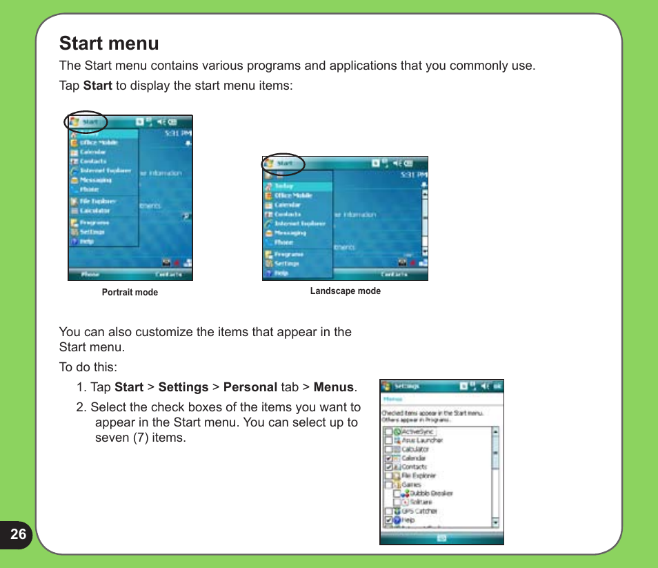 Start menu | Asus P526 User Manual | Page 26 / 122