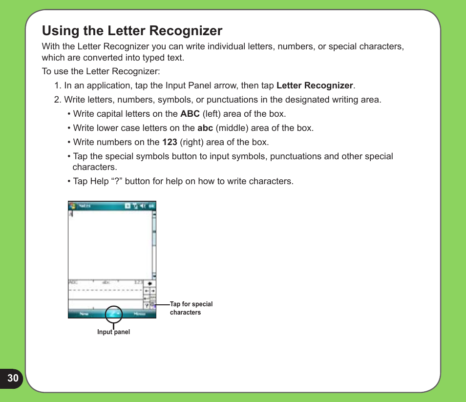 Using the letter recognizer | Asus P526 User Manual | Page 30 / 122