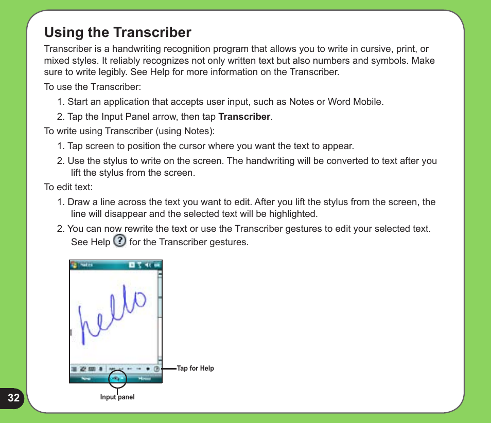 Using the transcriber | Asus P526 User Manual | Page 32 / 122