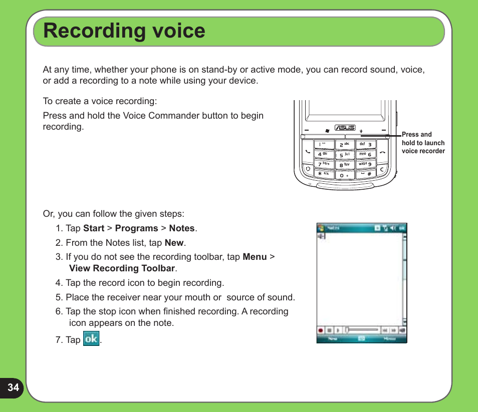 Recording voice | Asus P526 User Manual | Page 34 / 122