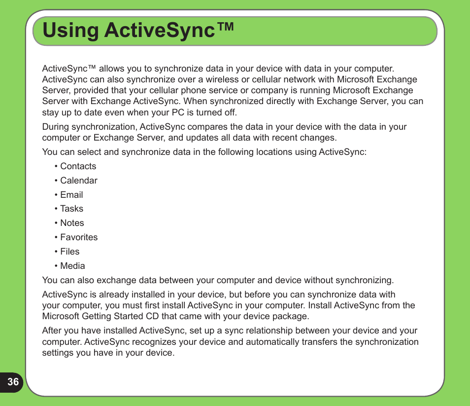 Using activesync | Asus P526 User Manual | Page 36 / 122