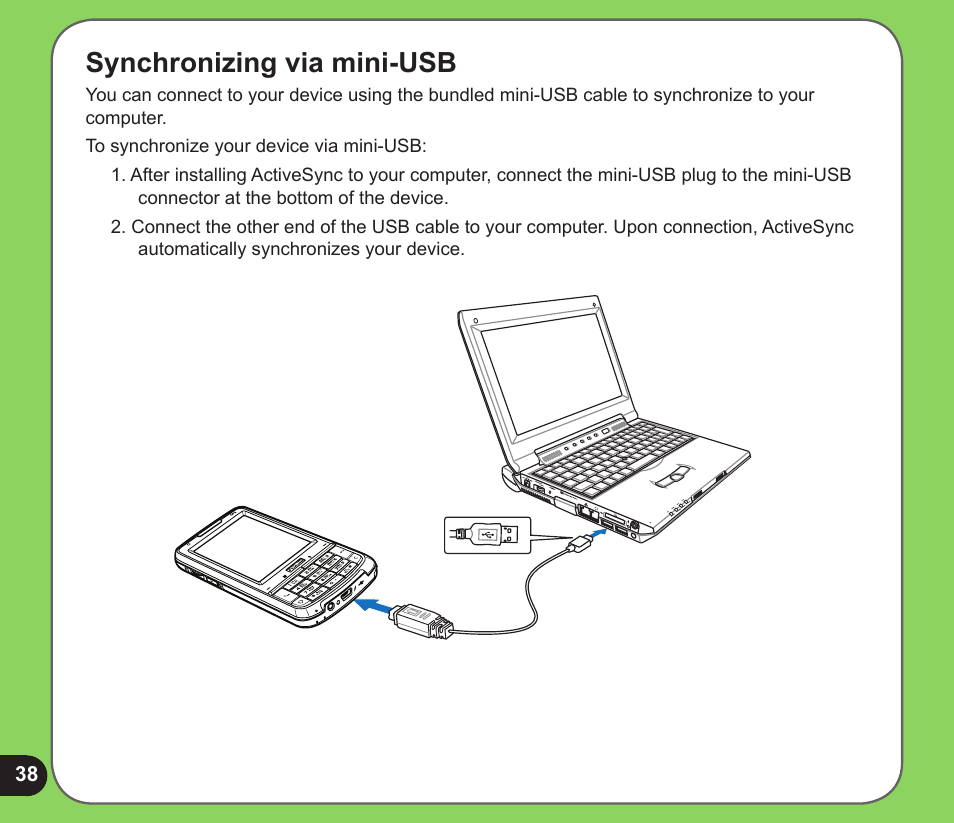 Synchronizing via mini-usb | Asus P526 User Manual | Page 38 / 122