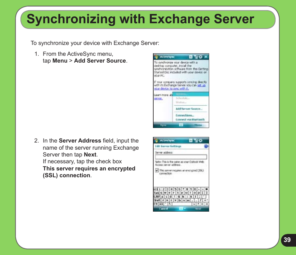 Synchronizing with exchange server | Asus P526 User Manual | Page 39 / 122