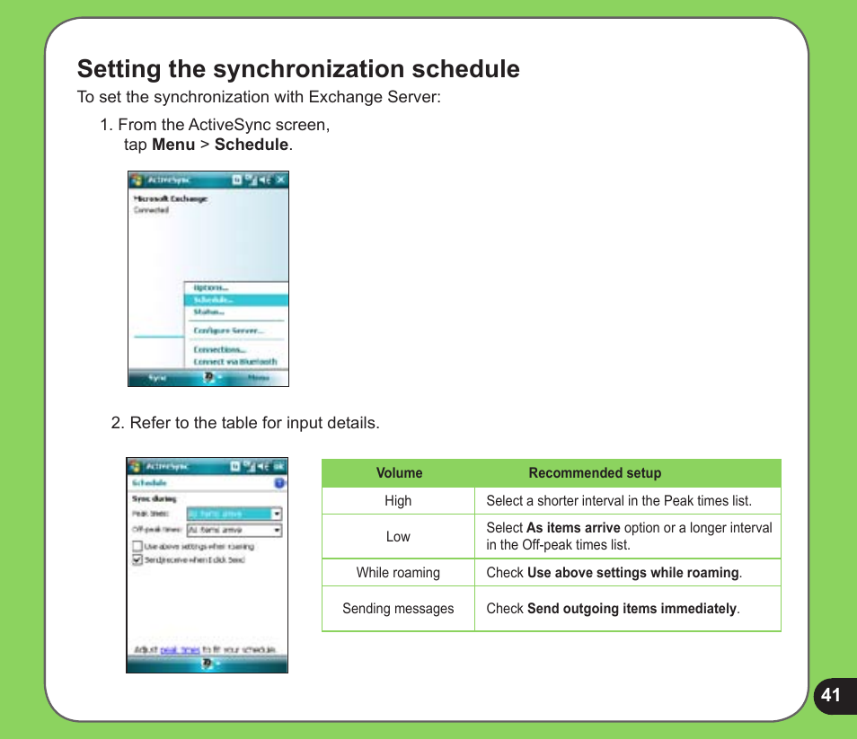 Setting the synchronization schedule | Asus P526 User Manual | Page 41 / 122