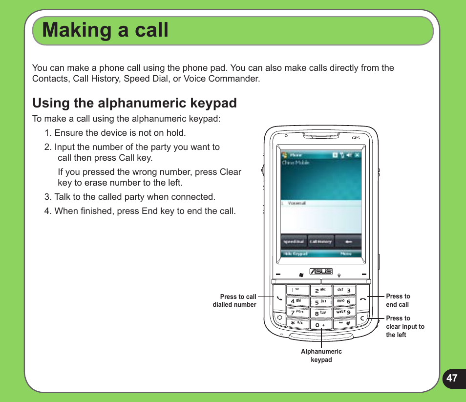 Making a call, Using the alphanumeric keypad | Asus P526 User Manual | Page 47 / 122