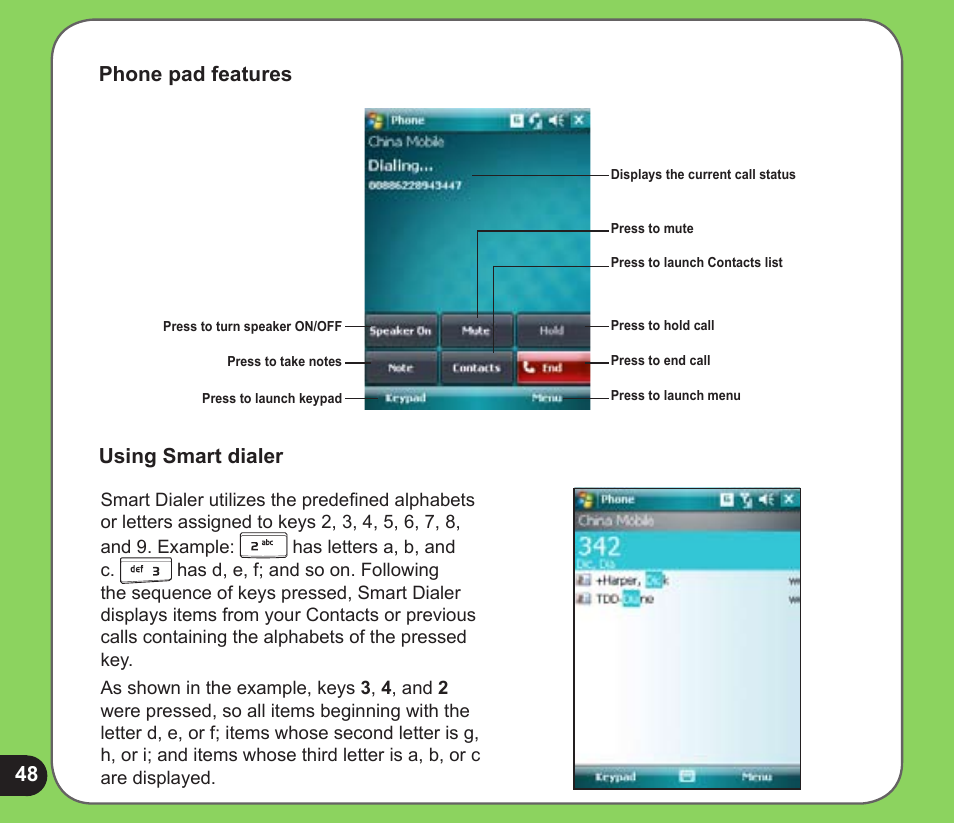 Phone pad features, Using smart dialer | Asus P526 User Manual | Page 48 / 122