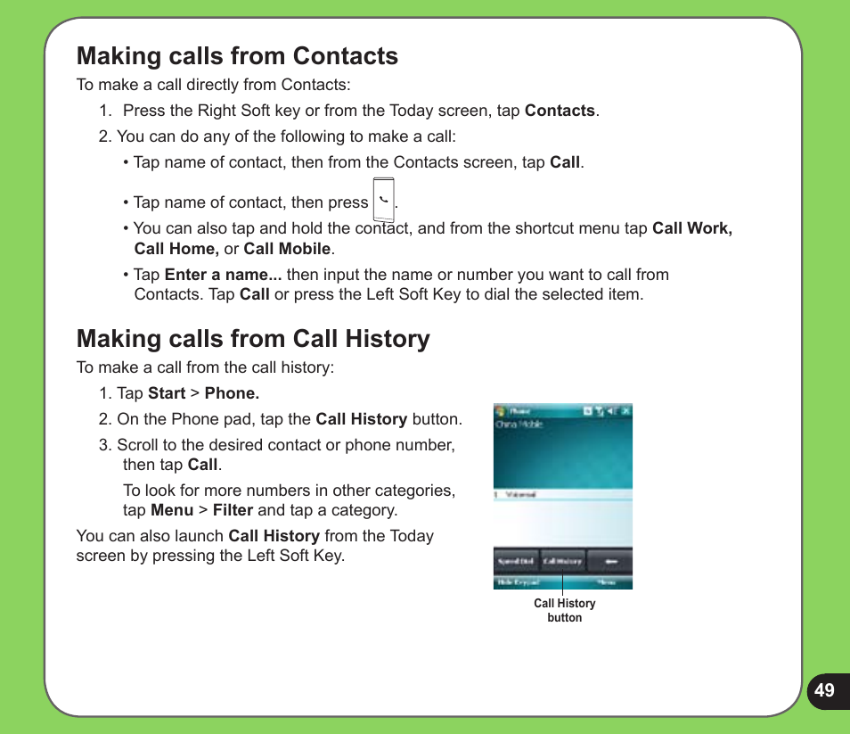 Making calls from contacts, Making calls from call history | Asus P526 User Manual | Page 49 / 122