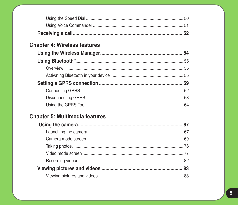 Chapter : wireless features, Chapter : multimedia features | Asus P526 User Manual | Page 5 / 122