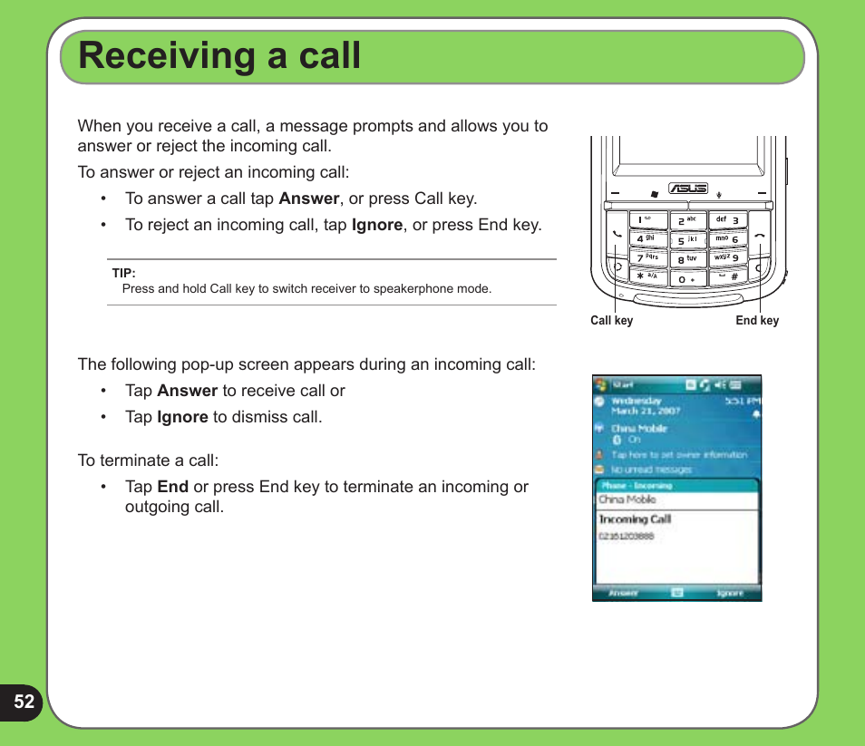 Receiving a call | Asus P526 User Manual | Page 52 / 122