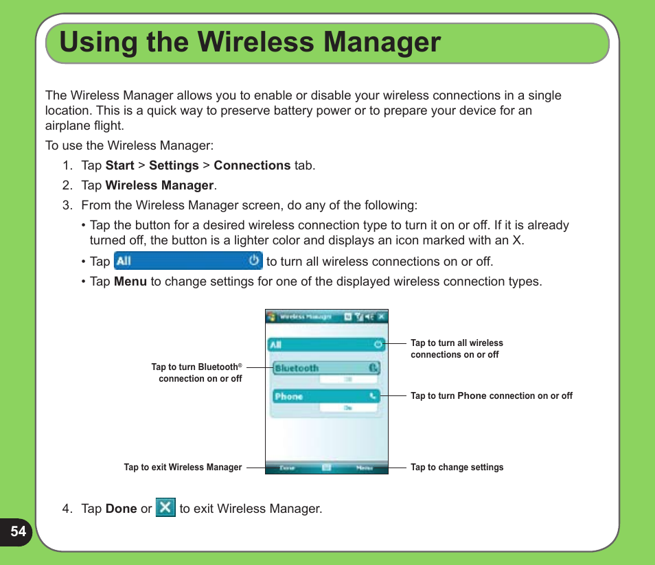 Using the wireless manager | Asus P526 User Manual | Page 54 / 122