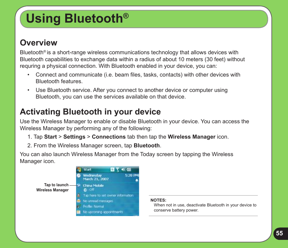 Using bluetooth, Overview, Activating bluetooth in your device | Overview activating bluetooth in your device | Asus P526 User Manual | Page 55 / 122