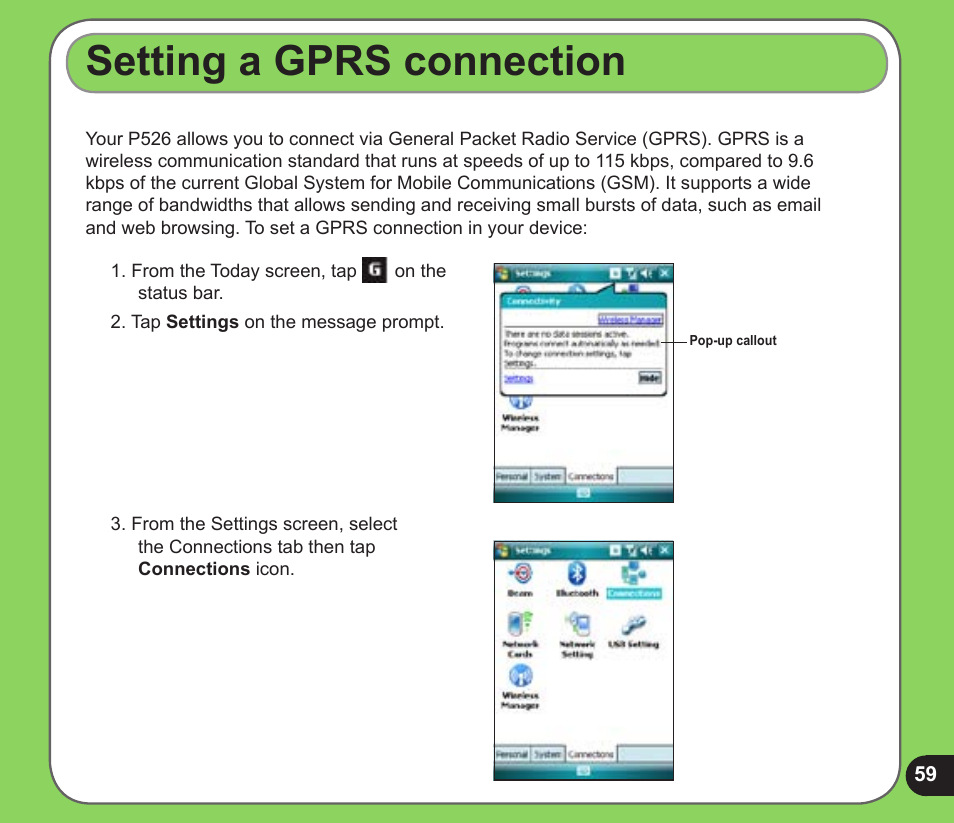 Setting a gprs connection | Asus P526 User Manual | Page 59 / 122