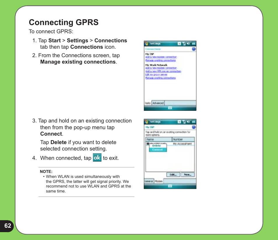 Connecting gprs | Asus P526 User Manual | Page 62 / 122