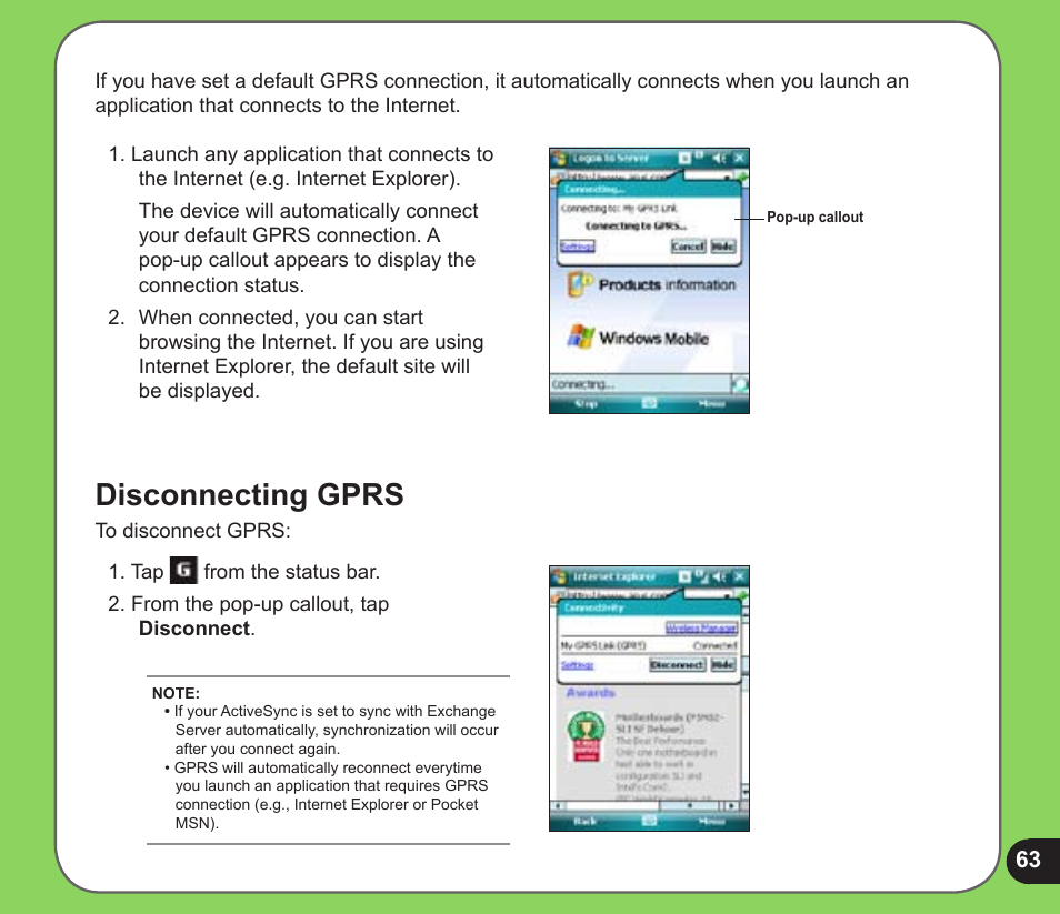 Disconnecting gprs | Asus P526 User Manual | Page 63 / 122