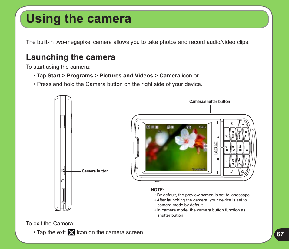 Using the camera, Launching the camera | Asus P526 User Manual | Page 67 / 122