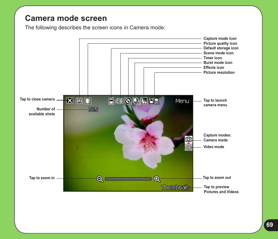 Camera mode screen | Asus P526 User Manual | Page 69 / 122