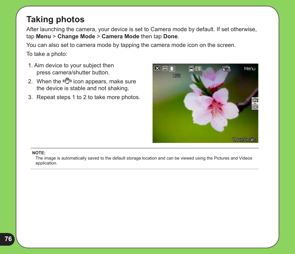 Taking photos | Asus P526 User Manual | Page 76 / 122