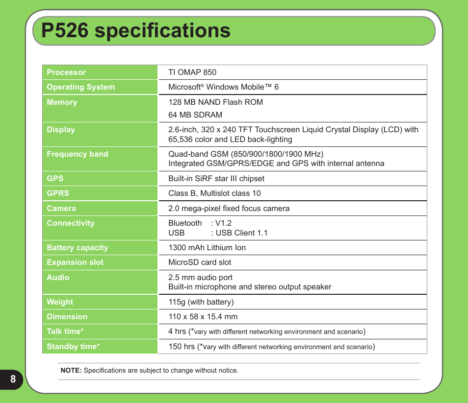 P526 specifications | Asus P526 User Manual | Page 8 / 122