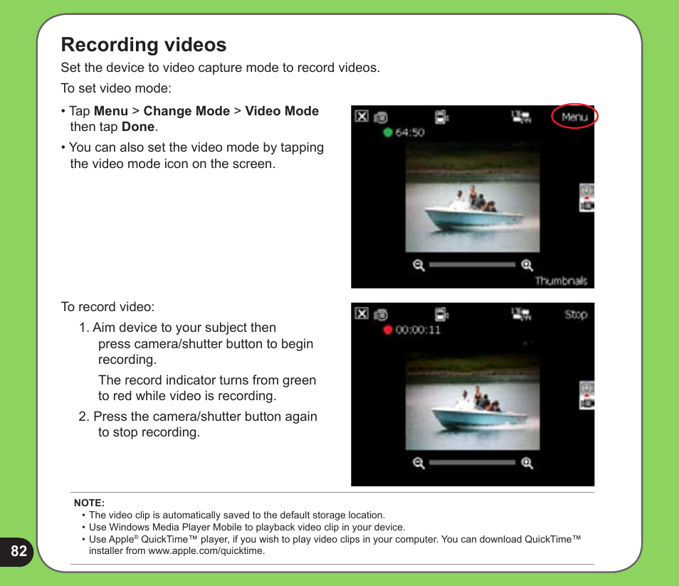 Recording videos | Asus P526 User Manual | Page 82 / 122