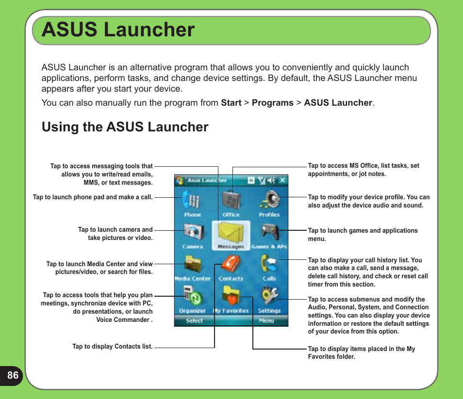 Asus launcher, Using the asus launcher | Asus P526 User Manual | Page 86 / 122