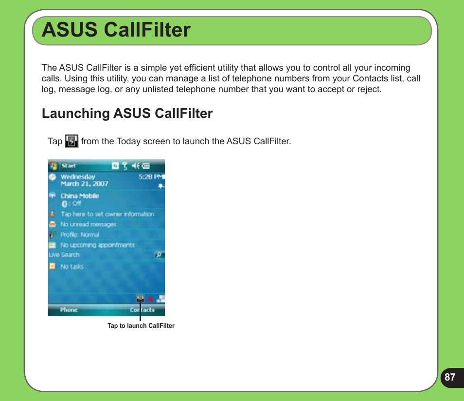 Asus callfilter, Launching asus callfilter | Asus P526 User Manual | Page 87 / 122