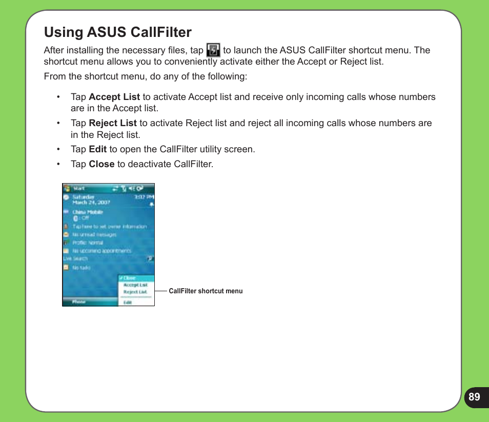 Using asus callfilter | Asus P526 User Manual | Page 89 / 122