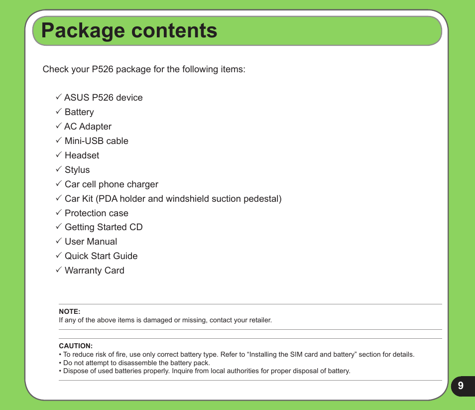 Package contents | Asus P526 User Manual | Page 9 / 122