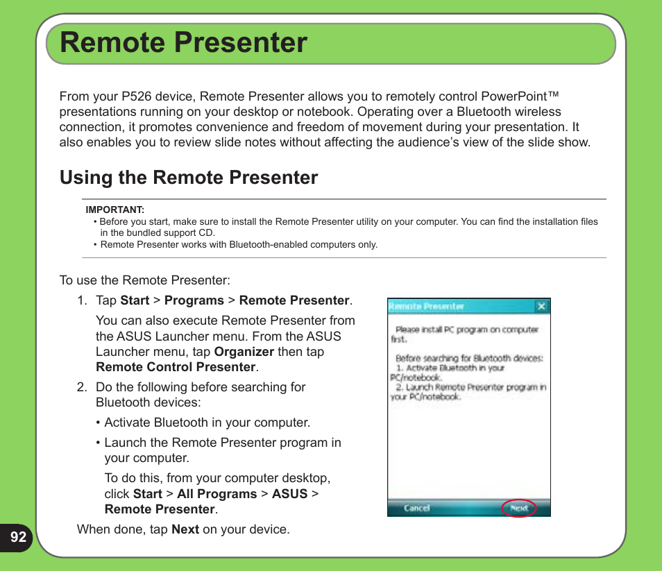 Remote presenter, Using the remote presenter | Asus P526 User Manual | Page 92 / 122