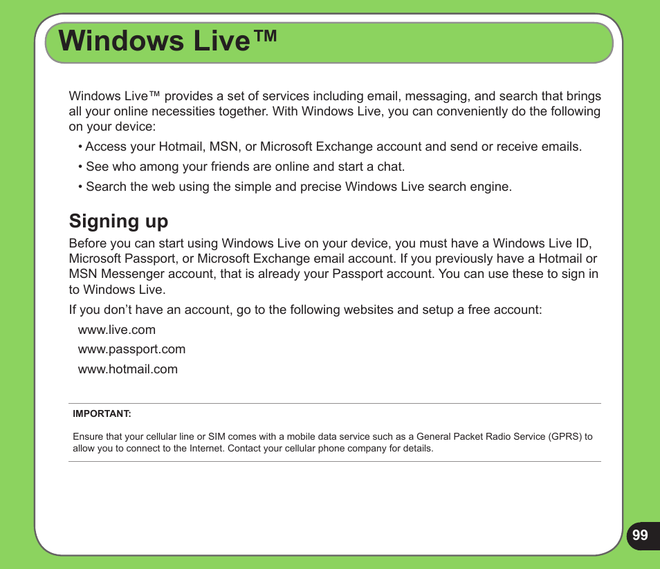 Windows live, Signing up | Asus P526 User Manual | Page 99 / 122