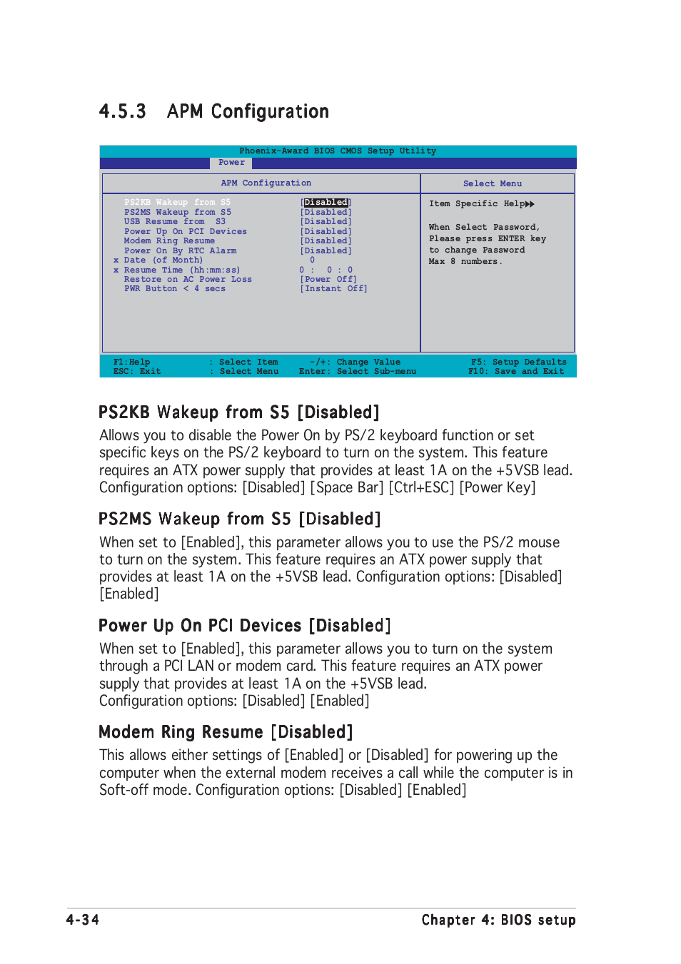 Ps2kb wakeup from s5 [disabled, Ps2ms wakeup from s5 [disabled, Power up on pci devices [disabled | Modem ring resume [disabled | Asus A8V-E User Manual | Page 100 / 142