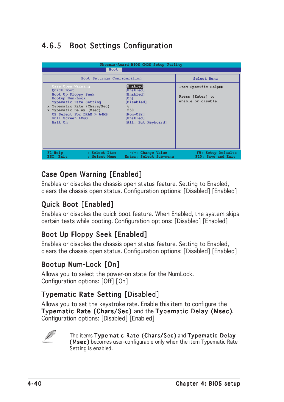 Case open warning [enabled, Quick boot [enabled, Boot up floppy seek [enabled | Bootup num-lock [on, Typematic rate setting [disabled | Asus A8V-E User Manual | Page 106 / 142