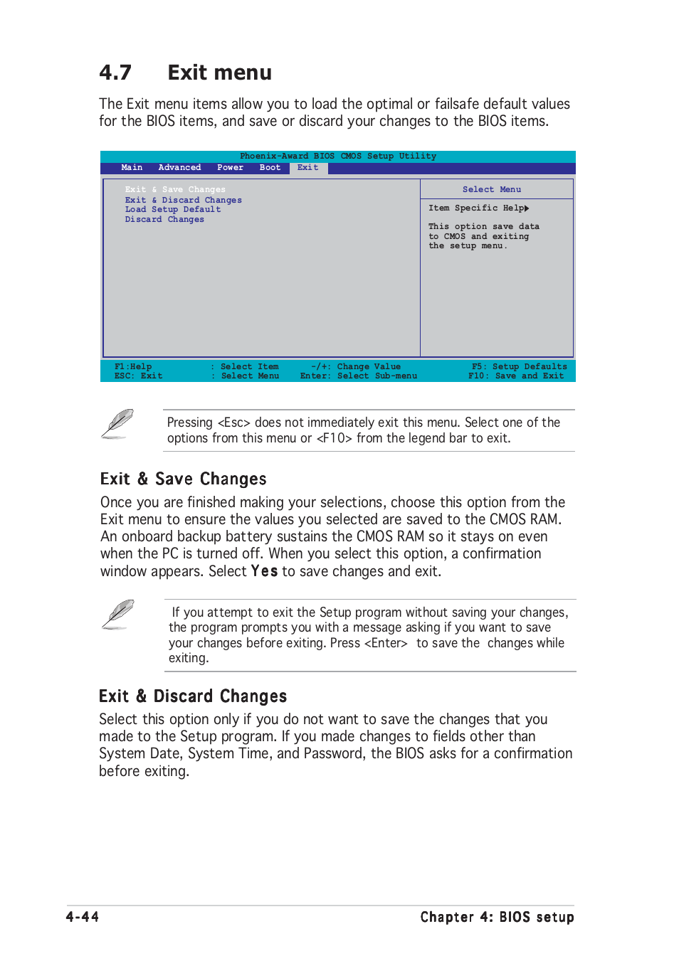 7 exit menu, Exit & save changes, Exit & discard changes | Asus A8V-E User Manual | Page 110 / 142