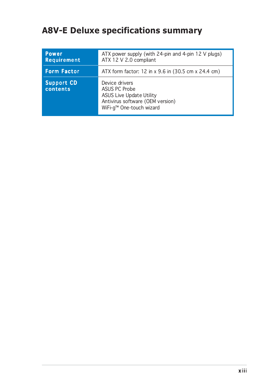 A8v-e deluxe specifications summary | Asus A8V-E User Manual | Page 13 / 142