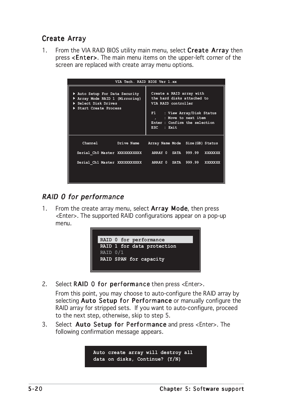 Create array, Raid 0 for performance | Asus A8V-E User Manual | Page 134 / 142