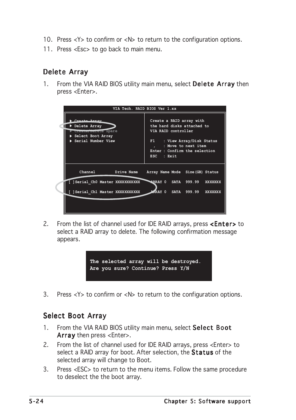 Delete array, Select boot array | Asus A8V-E User Manual | Page 138 / 142