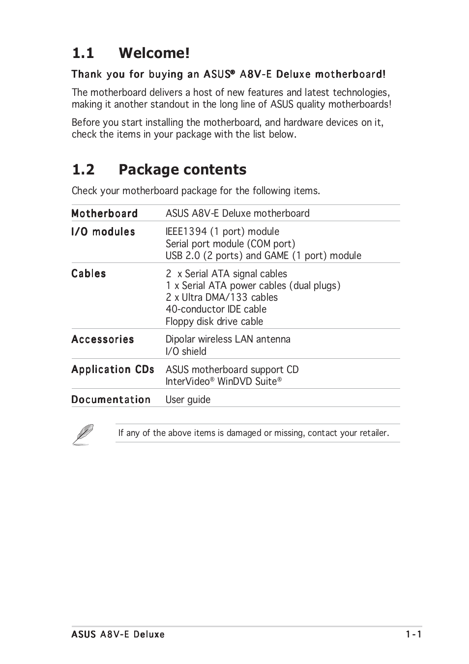 1 welcome, 2 package contents | Asus A8V-E User Manual | Page 17 / 142