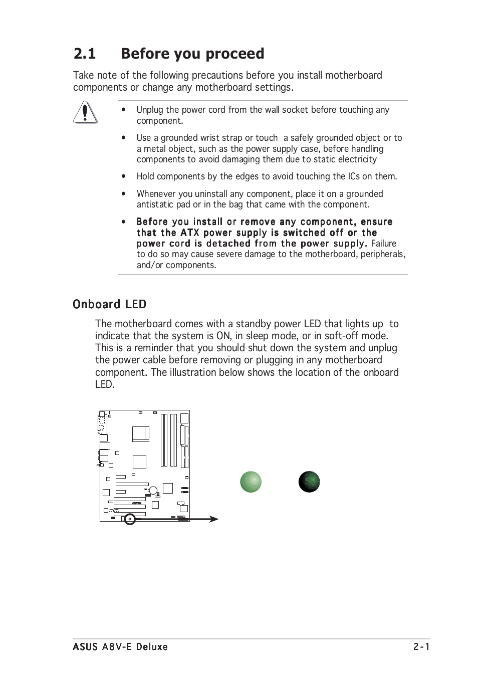 1 before you proceed, Onboard led | Asus A8V-E User Manual | Page 25 / 142