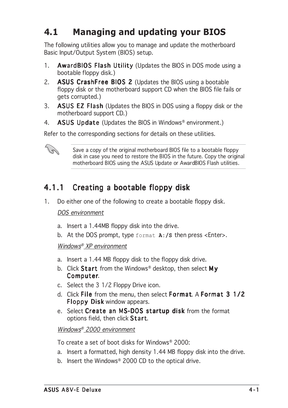 1 managing and updating your bios | Asus A8V-E User Manual | Page 67 / 142