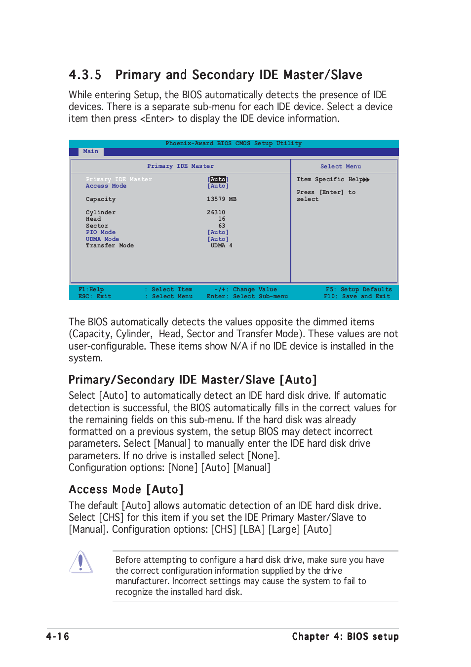 Primary/secondary ide master/slave [auto, Access mode [auto | Asus A8V-E User Manual | Page 82 / 142