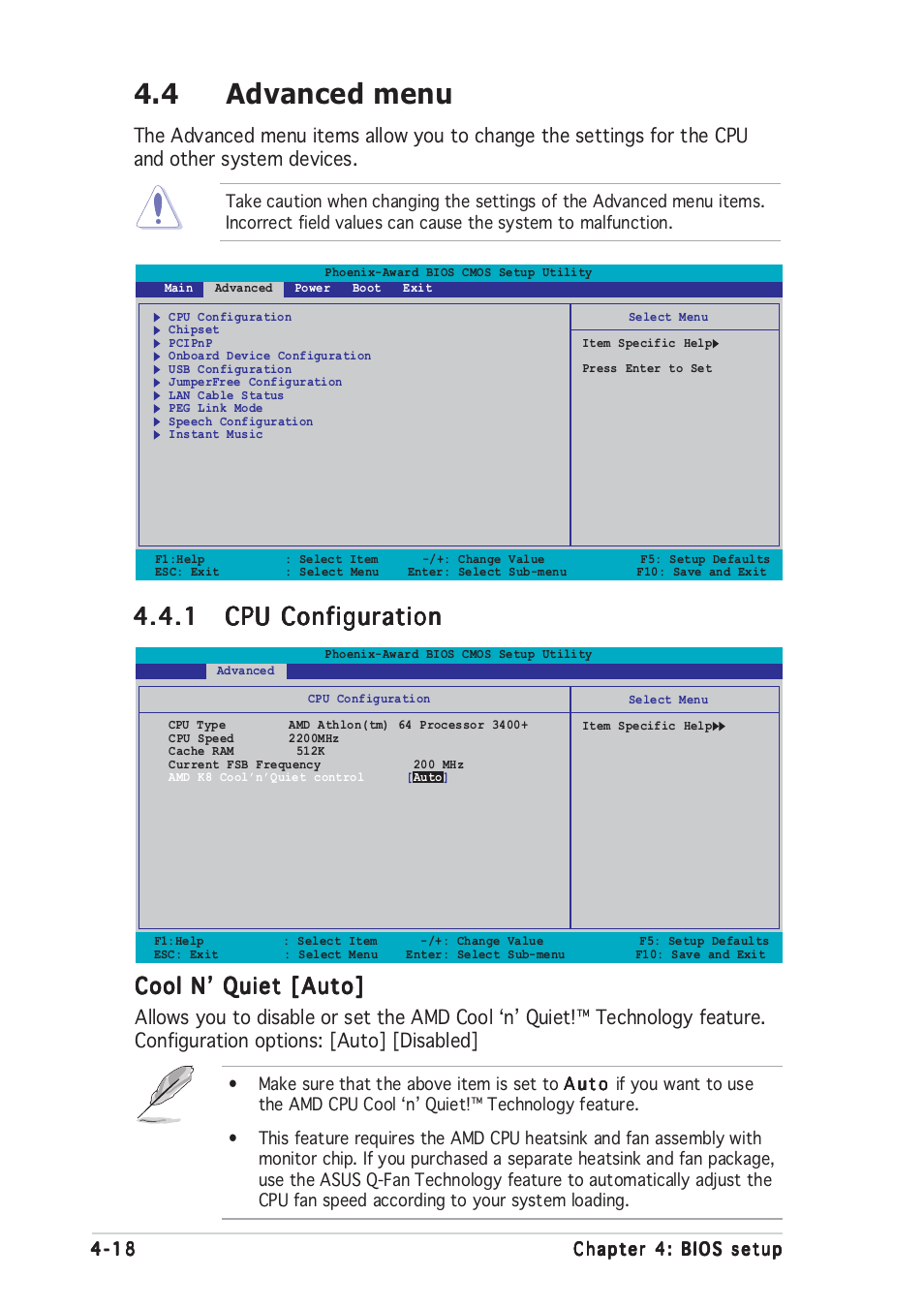 4 advanced menu, Cool n’ quiet [auto | Asus A8V-E User Manual | Page 84 / 142