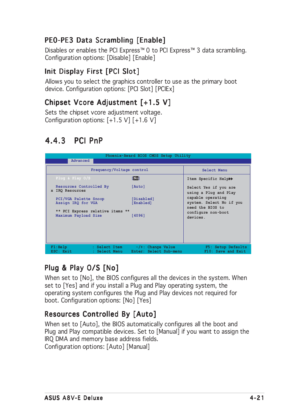 3 pci pnp pci pnp pci pnp pci pnp pci pnp, Pe0-pe3 data scrambling [enable, Init display first [pci slot | Chipset vcore adjustment [+1.5 v, Plug & play o/s [no, Resources controlled by [auto | Asus A8V-E User Manual | Page 87 / 142