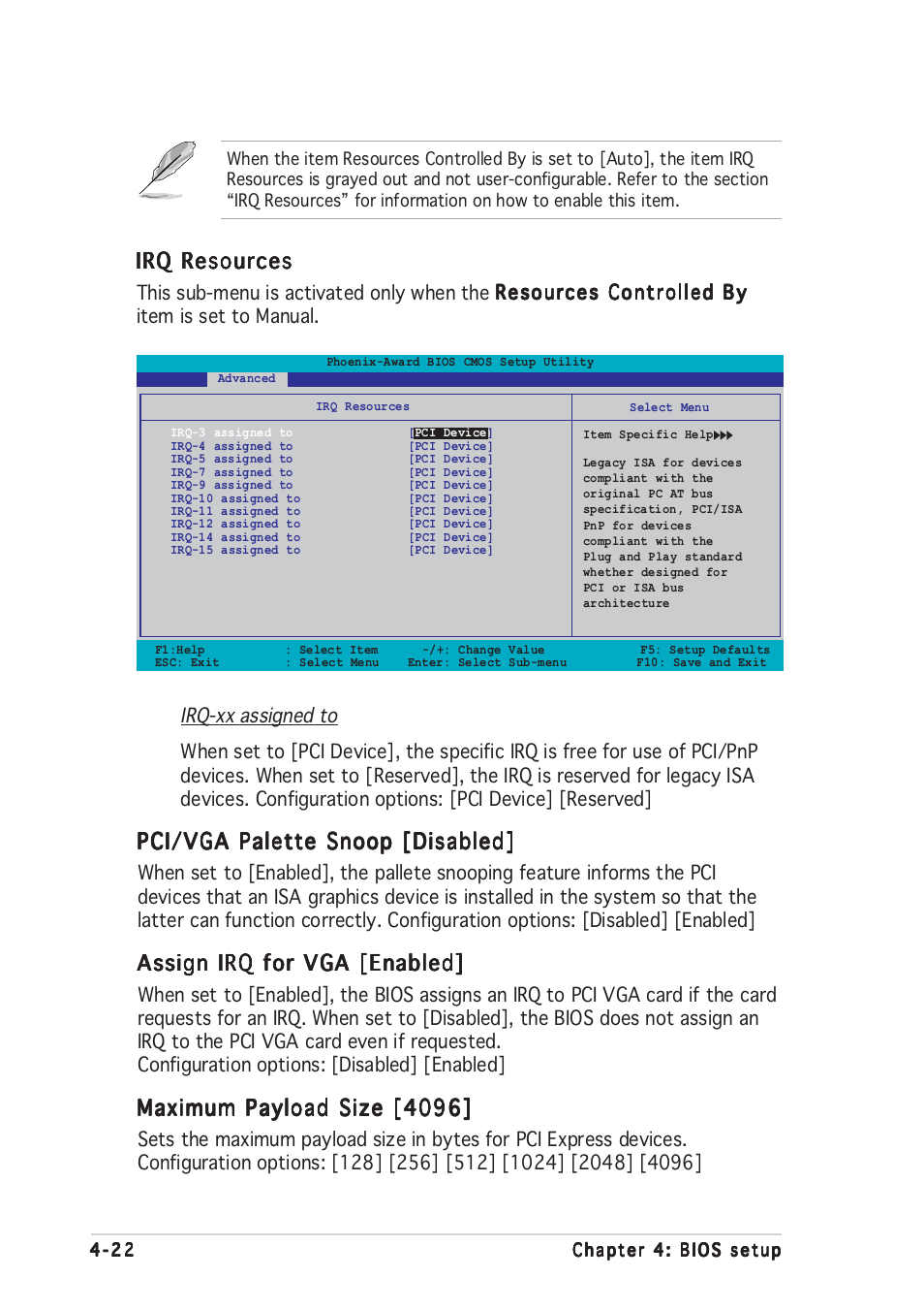 Irq resources, Pci/vga palette snoop [disabled, Assign irq for vga [enabled | Maximum payload size [4096 | Asus A8V-E User Manual | Page 88 / 142