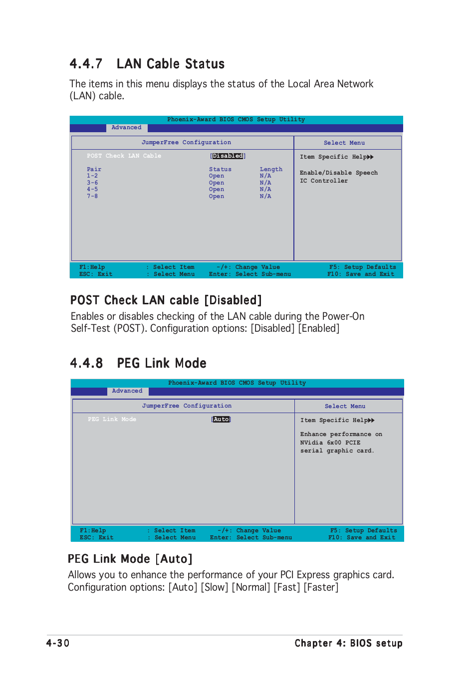 Peg link mode [auto, Post check lan cable [disabled | Asus A8V-E User Manual | Page 96 / 142