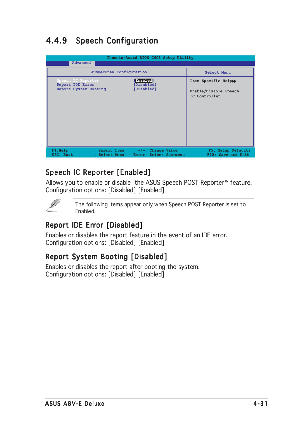 Speech ic reporter [enabled, Report ide error [disabled, Report system booting [disabled | Asus A8V-E User Manual | Page 97 / 142
