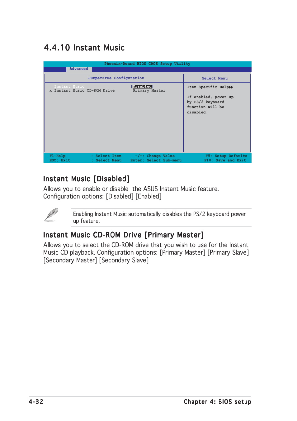 Instant music [disabled, Instant music cd-rom drive [primary master | Asus A8V-E User Manual | Page 98 / 142