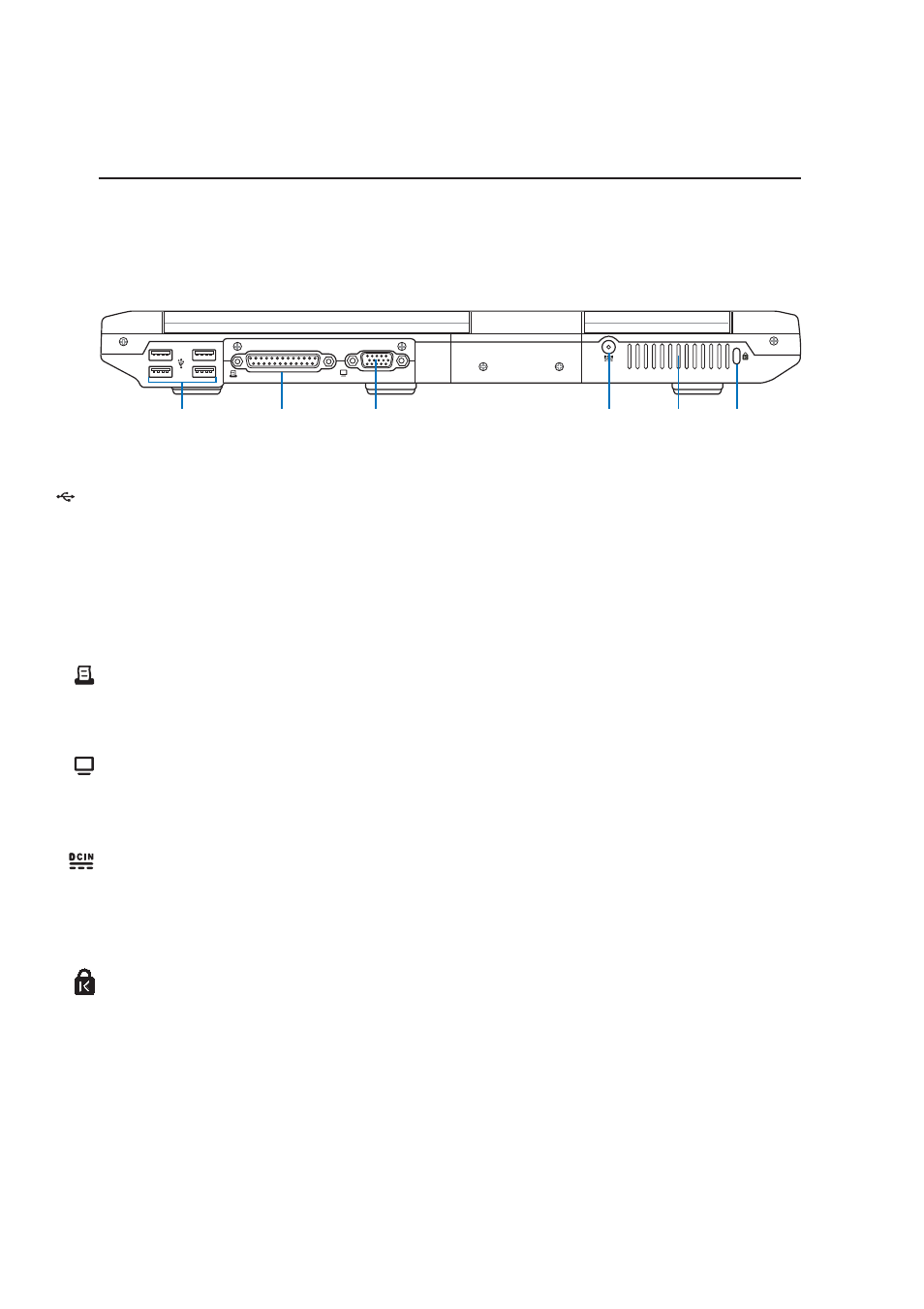 Rear side, Knowing the parts, Kensington | Lock port, Usb port (2.0/1.1), Power (dc) input, Display (monitor) output, Parallel port | Asus E2239 User Manual | Page 24 / 78